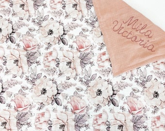 Muslin Floral Baby Blanket, Custom Blanket for baby girl, Personalized baby Blanket with Name, Unique Baby Gift, Embroidered blanket, 72