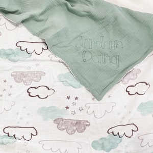 Personalized Baby Blanket, Muslin Blanket for baby, Summer Blanket with Name, Baby Boy Gift, Embroidered blanket with clouds for baby, 53