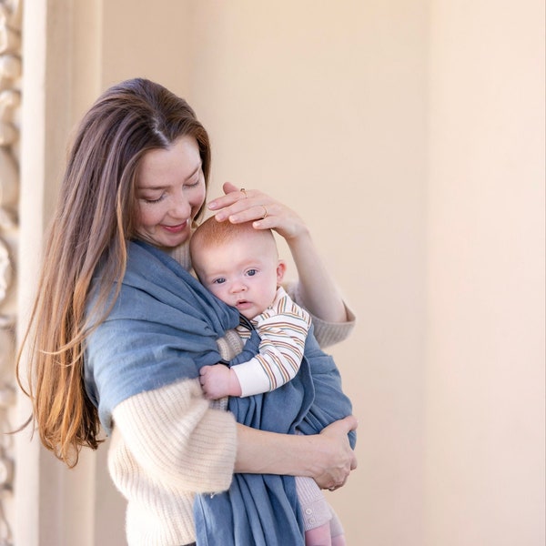 Teal blue linen ring sling baby carrier with aluminum rings, Infant toddler and baby carrier, Linen baby carrier, blue baby sling, baby wrap