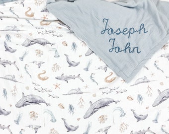 Personalized Baby Blanket, Muslin Blanket for baby with Name, Cotton Blanket with Whales, Baby Gift, Embroidered blanket for baby, 121