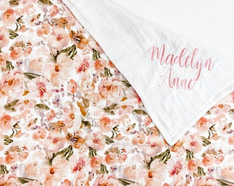 Personalized Baby Blanket, Muslin Floral Blanket for baby with Name, Cotton Blanket with Flowers, Baby Gift, Embroidered blanket for baby,94