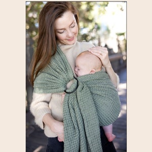 Light green linen ring sling baby carrier with aluminum rings, Infant toddler and baby carrier, waffle textured baby carrier, neutral sling