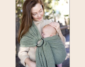 Light green linen ring sling baby carrier with aluminum rings, Infant toddler and baby carrier, waffle textured baby carrier, neutral sling