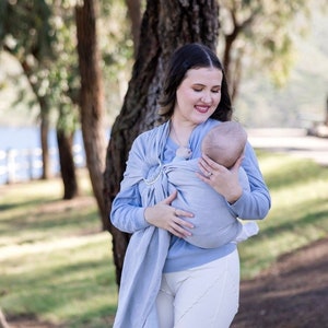 Porta-bebês tipo anel de linho azul claro com anéis de alumínio, porta-bebês infantil e porta-bebês, porta-bebês de linho, tipoia azul, envoltório para bebê