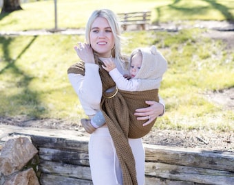 Khaki Mustard linen ring sling baby carrier with aluminum rings, Infant toddler and baby carrier, waffle textured baby carrier, accent sling