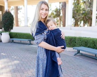 Navy blue linen ring sling baby carrier with aluminum rings, Infant toddler and baby carrier, Linen baby carrier, dark blue sling, baby wrap