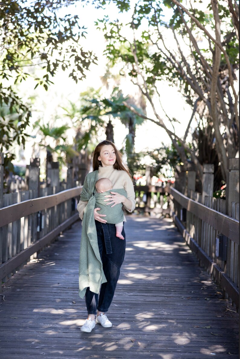 Light Green Linen Ring Sling Baby Carrier With Aluminum Rings, Infant