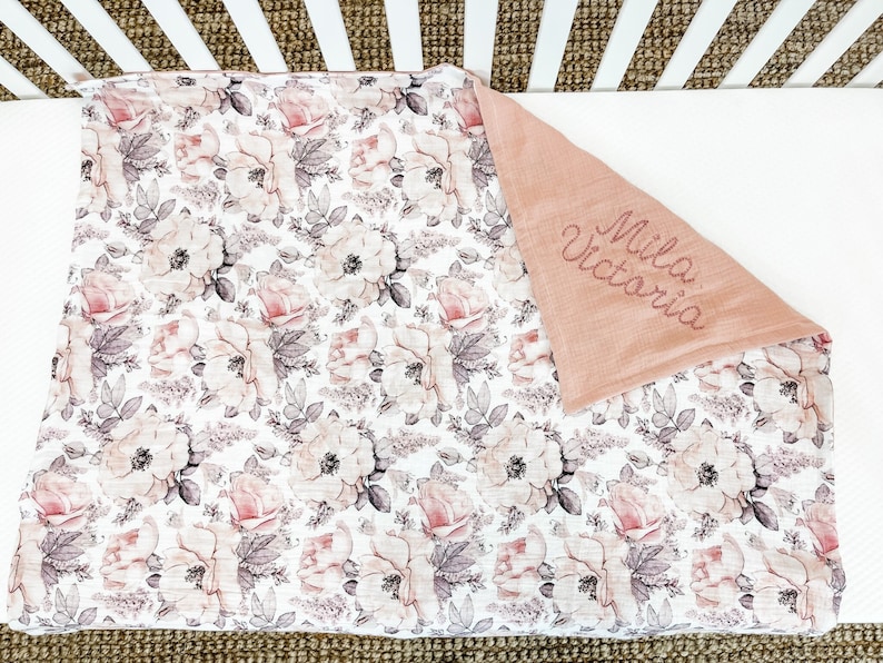 Muslin Floral Baby Blanket, Custom Blanket for baby girl, Personalized baby Blanket with Name, Unique Baby Gift, Embroidered blanket, 72 image 1