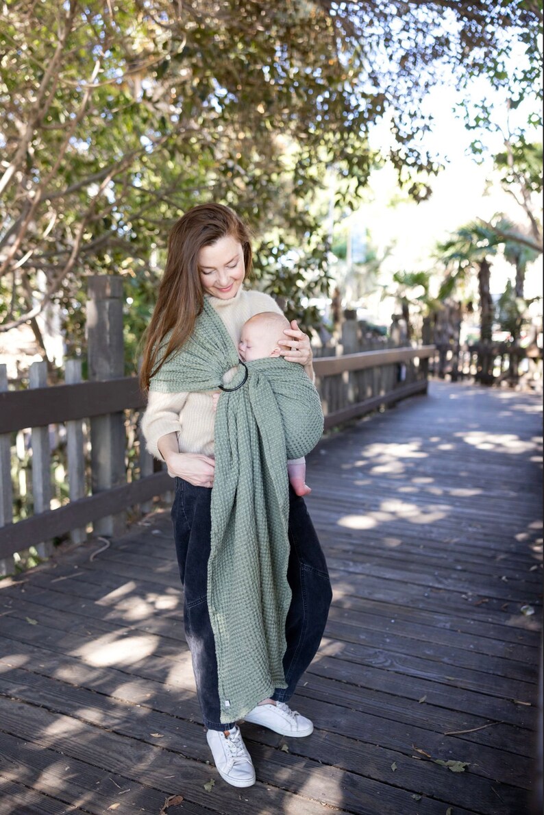 Light Green Linen Ring Sling Baby Carrier With Aluminum Rings, Infant