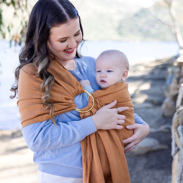 Rust Orange linen ring sling baby carrier with aluminum rings, Infant toddler and baby carrier, Linen baby carrier, rust baby wrap