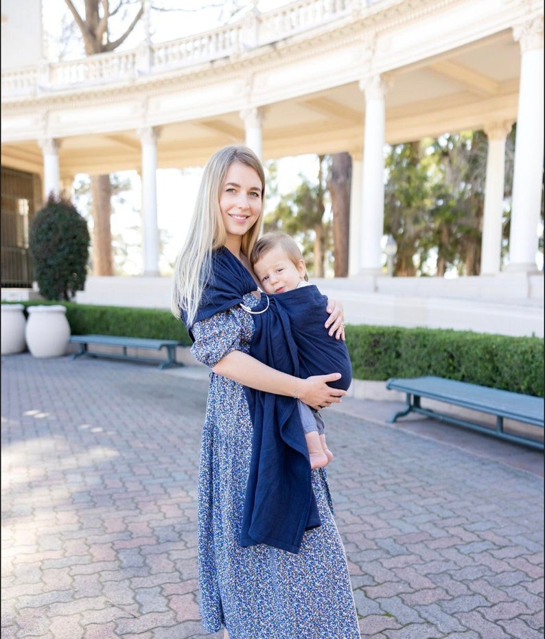 Navy Blue Linen Ring Sling Baby Carrier With Aluminum Rings, Infant ...