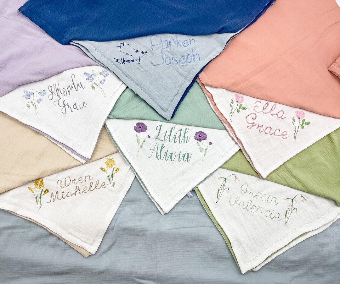 Muslin Baby Blanket With Embroidery Summer Muslin Blanket Etsy