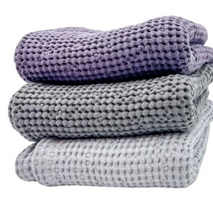 Baby linen waffle blanket in grey and purple, Waffle Linen Summer Blanket For Babies, Organic Linen Nursery Blanket, Swaddle for baby boy