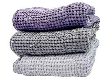 Baby linen waffle blanket in grey and purple, Waffle Linen Summer Blanket For Babies, Organic Linen Nursery Blanket, Swaddle for baby boy