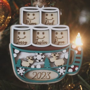 Personalized Family Christmas Ornament, hot cocoa mug, hot chocolate, kid names, marshmallows, customized ornament, family ornament, 2023