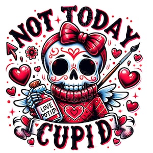 Design de sublimação PNG do Anti Dia dos Namorados, Não Hoje Cupido Caveira de Açúcar Download Digital, Criação de Cartões Impressão sob Demanda Artesanato Decoração para Casa