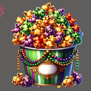Mardi gras popcorn clipart, carnavalssnoepjes png, paars en groen sublimatieontwerp, knutselen en kaarten maken, zoete lekkernijen voor POD