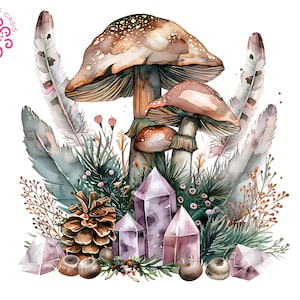 Clipart aquarelle de champignons pour projets de bricolage, art numérique de champignon vénéneux de la forêt, sublimation de cottagecore PNG pour des cadeaux de décoration intérieure