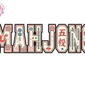 Letras de Mahjong PNG con fichas de dragón tradicionales, diseño floral, Mahjong vintage sublimado, descarga de juego digital