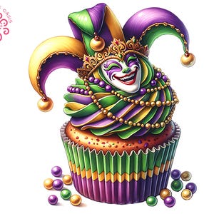 Mardi Gras clipart PNG, sublimatieontwerp nar cupcake, zoete lekkernijen illustraties, perfect voor knutselen, kaarten maken, Print on Demand POD