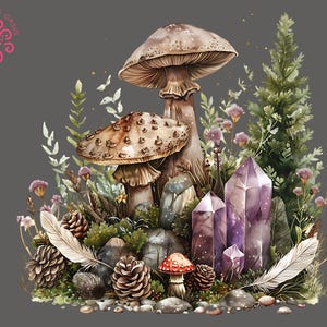 Clipart champignon aquarelle pour décoration d'intérieur DIY, art numérique PNG de champignons vénéneux de la forêt, conception de sublimation esthétique Cottagecore, clipart POD
