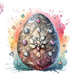 Ovo de Páscoa sublimação PNG, design de pedra preciosa aquarela de prata com pérolas de diamante, perfeito para artesanato, criação de cartões, impressão sob demanda, decoração de casa