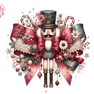 Quebra-nozes PNG Natal Coquette Chinoiserie, Quebra-nozes Digital download Clipart, Grandmillenial Natal subliminação, Laço de fita de Natal