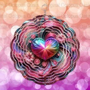 Valentine's Day Decorative Sublimation Design, Vibrant Heart and Floral Glitter Art, Perfect for Wind Spinner Projects