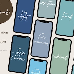 May include: Twelve phone wallpapers with blue and green backgrounds and white text. The text includes Bible verses and affirmations such as "I am a light", "I am God's workmanship", "I am loved", "I am redeemed", "I am a citizen of heaven", "I am strong", "I am creation", and "I am fearfully and wonderfully made".
