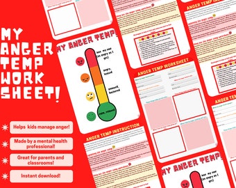 May include: A printable worksheet for kids to help them manage anger. The worksheet features a thermometer with different levels of anger, from calm to enraged. The worksheet also includes instructions and strategies for coping with anger.