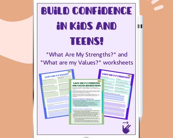 May include: A digital tablet screen displaying a purple background with the text "BUILD CONFIDENCE IN KIDS AND TEENS!" and "What Are My Strengths?" and "What are my Values?" worksheets. The worksheets are in a light green color with black text.