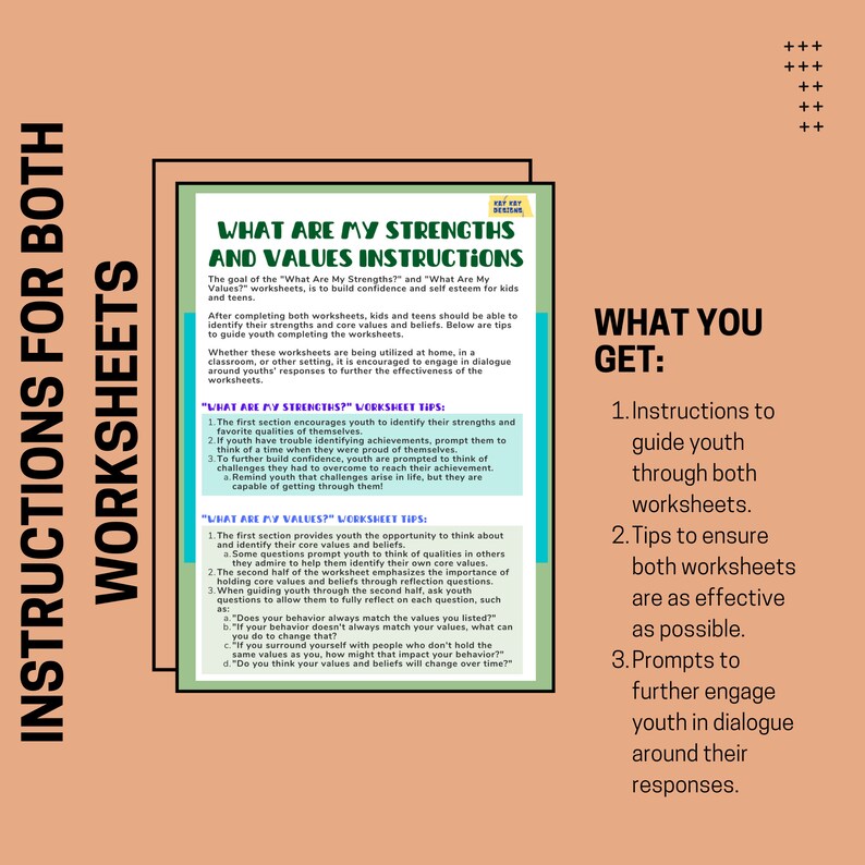 May include: A printable worksheet guide for youth to identify their strengths and values. The worksheet instructions are written in a colorful, modern font and include tips for using the worksheets effectively.