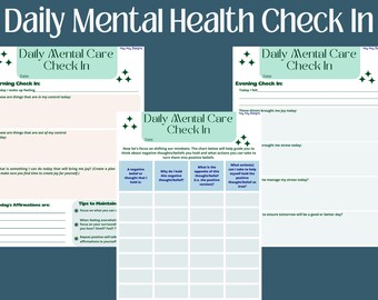 Puede incluir: Una hoja de trabajo imprimible de control diario de la salud mental con secciones para la reflexión de la mañana y la noche. La hoja de trabajo incluye indicaciones para identificar las cosas que están bajo tu control, las cosas que están fuera de tu control y las formas de manejar el estrés. También incluye una sección para afirmaciones y consejos para mantener el bienestar mental.