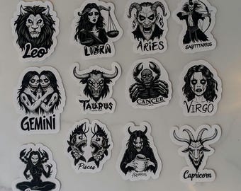 Zodiac Sticker Pack 12 Mystische Horoskop-Vinyl-Aufkleber Schwarz und Weiß