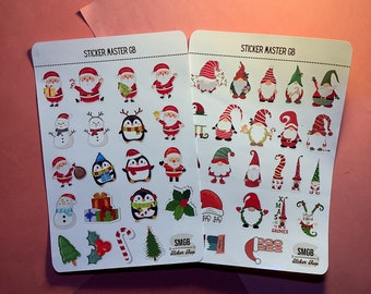 Christmas Waterproof Stickers: Santa, Gnomes, Penguins - 2 Sheet Vinyl Decals