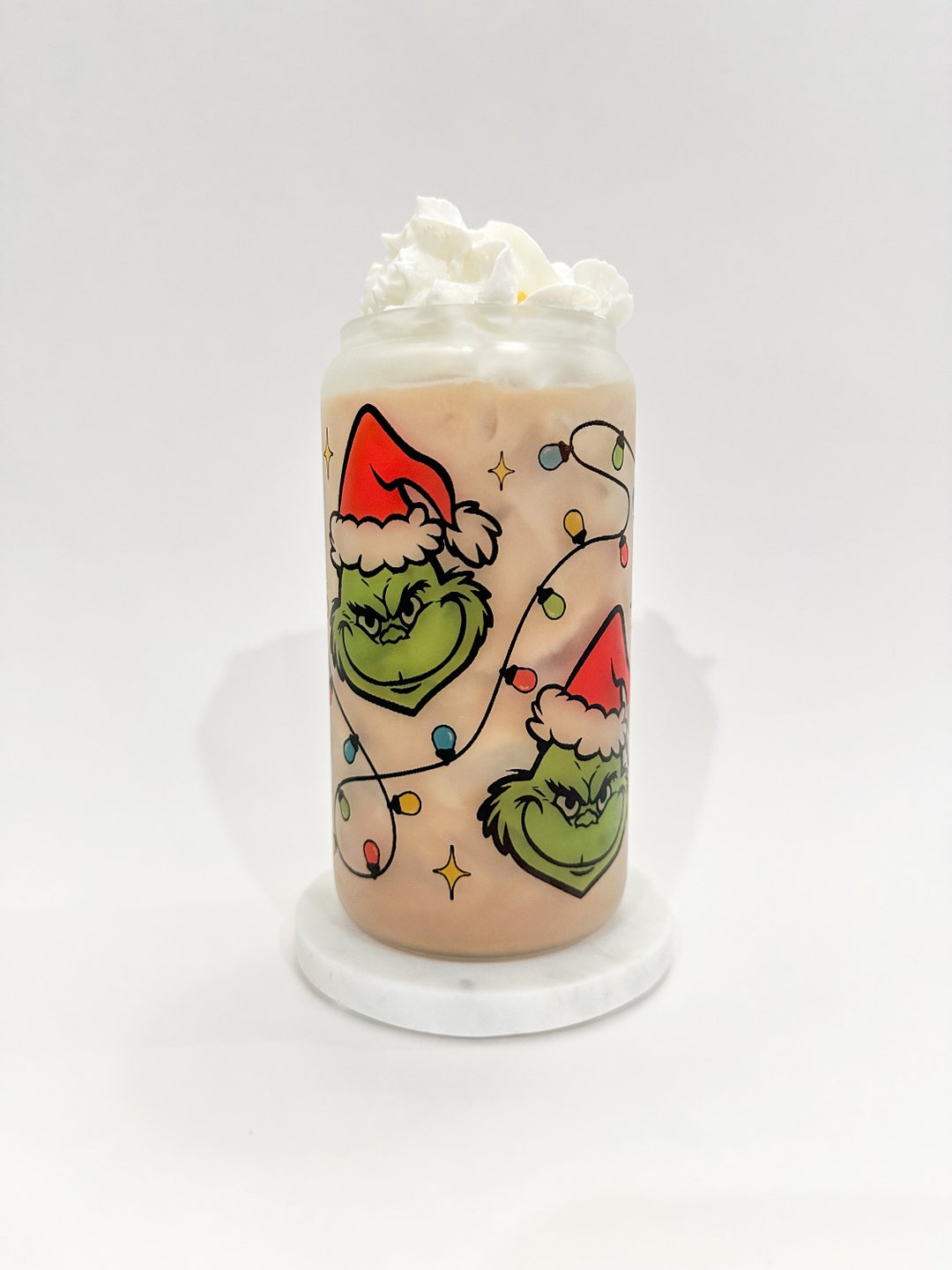 Grinch Glass Can Cup With Lid and Straw Grinchy Christmas Etsy