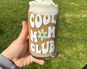 Cool Mom Club Glass Cup|Mama Glass Cup| Iced Coffee Glass| Modern Coffee Glass|Aesthetic Coffee Glass|Mama Cup|Gift for Her|Mothers Day Gift