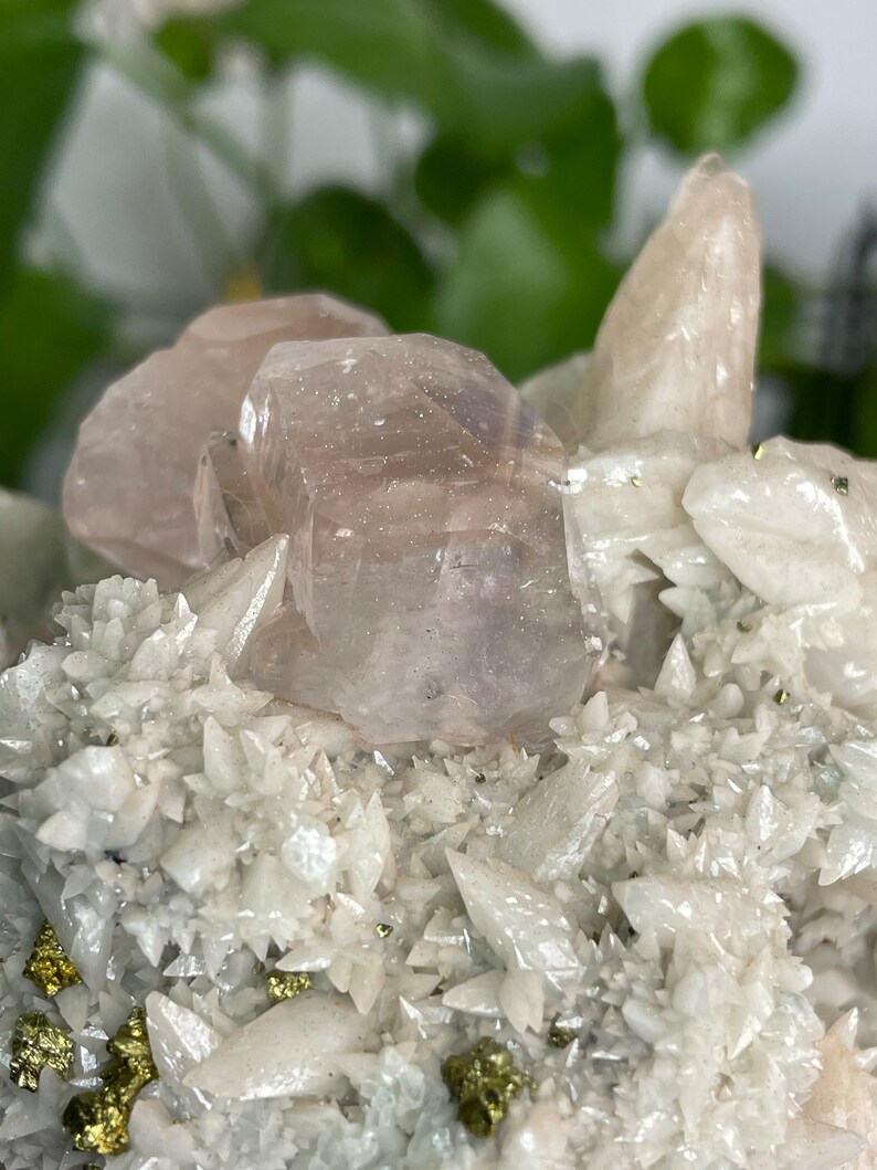 May include: A cluster of white crystals with a large, clear, pink fluorite crystal on top. The crystals are surrounded by small, gold-colored pyrite crystals.