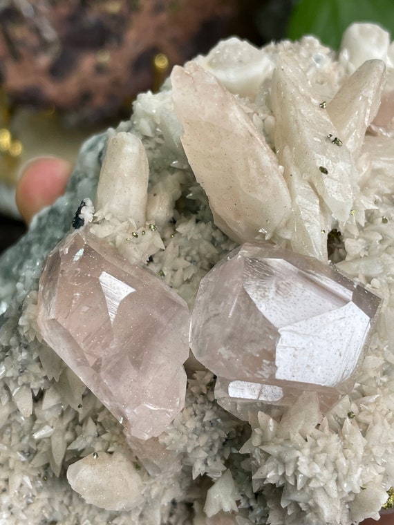 Stunning Rare Pinkish Purple Calcite with Pyrite Inclusions on Matrix with Feather Calcites