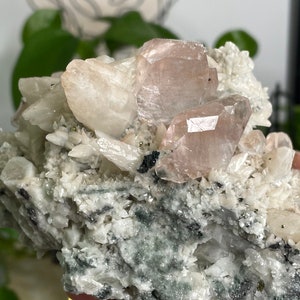 May include: A cluster of pink and white crystals on a gray matrix. The crystals are sharp and have a glassy luster. The matrix is rough and textured.