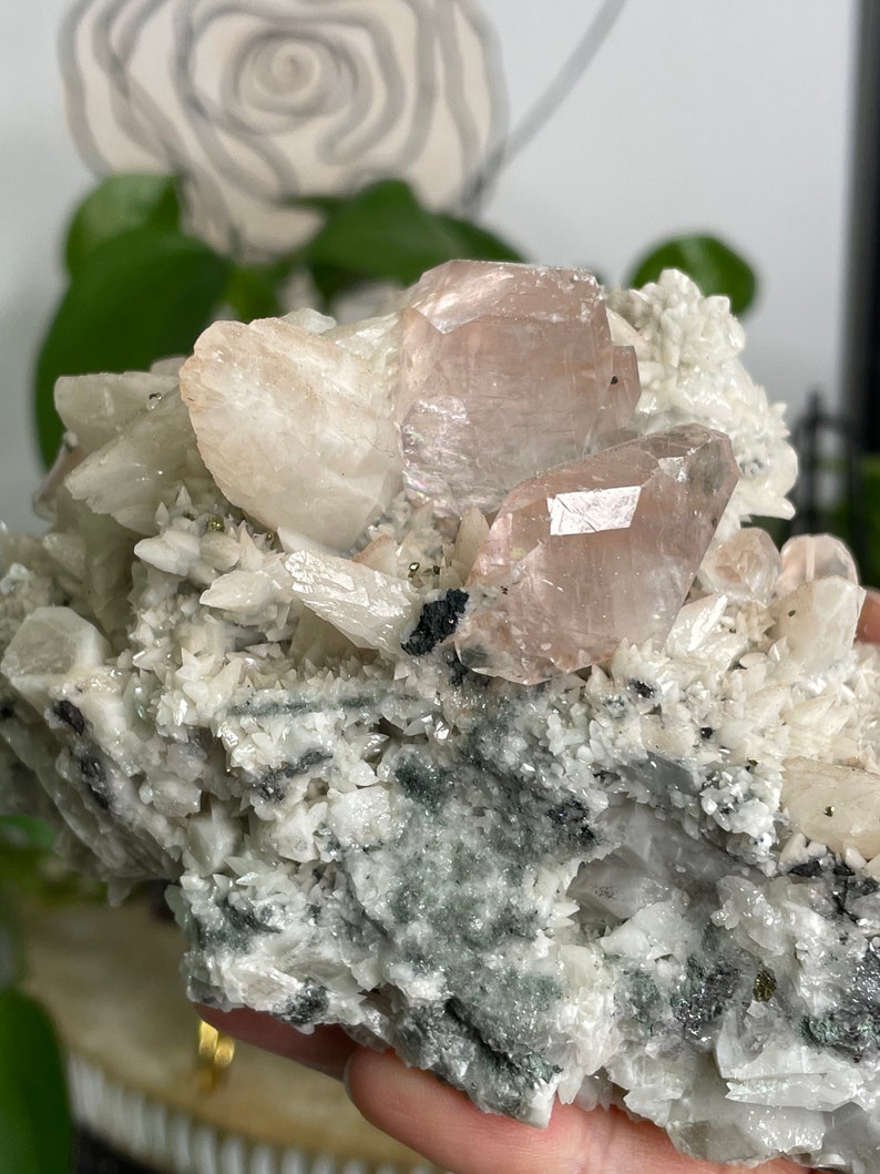 May include: A cluster of pink and white crystals on a gray matrix. The crystals are sharp and have a glassy luster. The matrix is rough and textured.