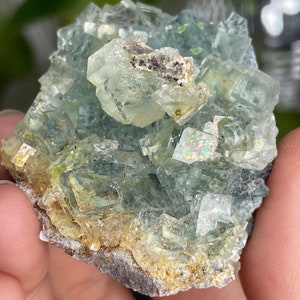 May include: A cluster of green fluorite crystals with a light green hue and a slightly iridescent sheen. The crystals are clustered together in a rough, natural formation.