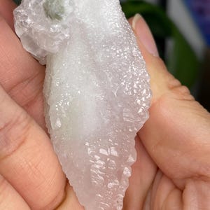 Op de afbeelding: Een cluster van witte kwartskristallen met een groene minerale insluiting. De kristallen zijn doorschijnend en hebben een ruw, getextureerd oppervlak.