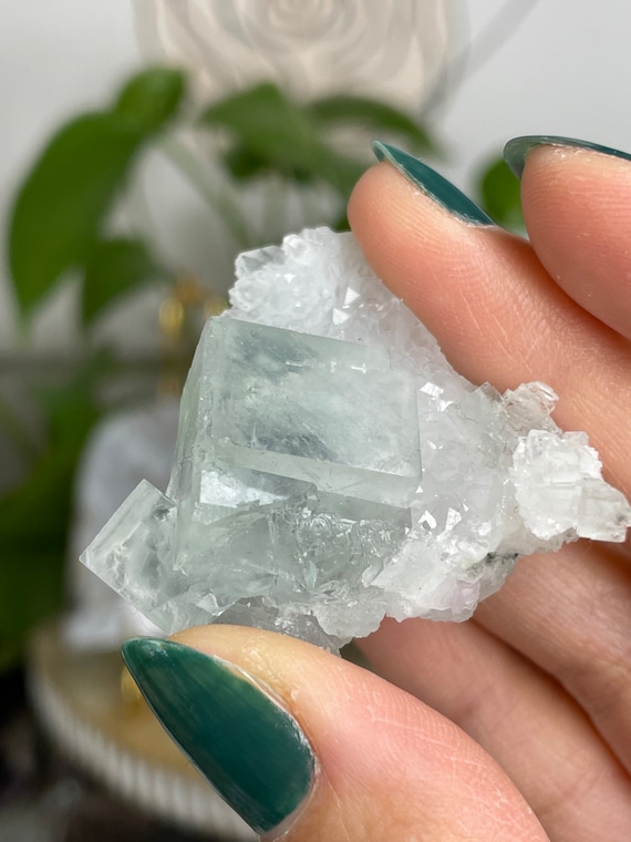 浙江産の石英マトリックス上のガラス質のライトグリーン蛍石キューブ