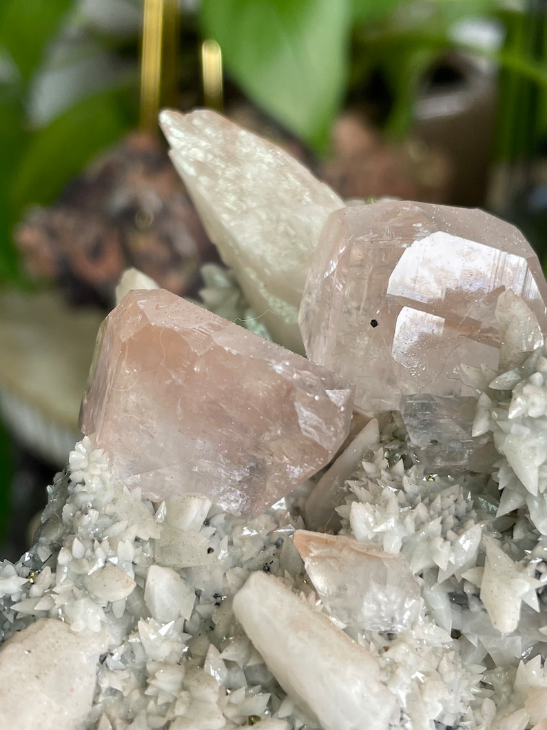 May include: A cluster of pink and white crystals with a rough, textured surface. The crystals are arranged in a variety of shapes and sizes, with some appearing to be translucent.