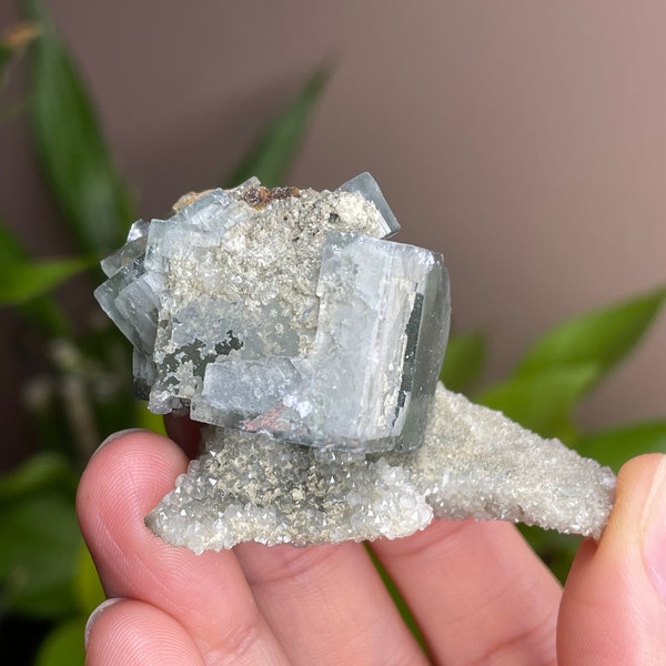 Green Fluorite Cube with Interesting Regrowth/Secondary Growth on top of Sparkly Quartz Matrix // Tiny Delicate Piece