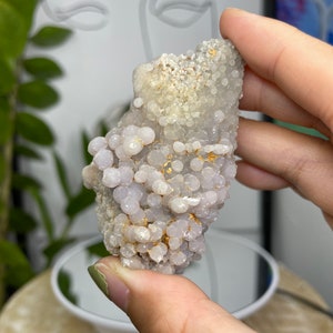 Puede incluir: Un cúmulo de pequeños cristales redondos, de color púrpura y blanco, con una superficie rugosa y texturizada. Los cristales están agrupados en un patrón aleatorio, creando una forma única e interesante.