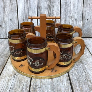 1960s Siesta Ware Cowboy Chuckwagon Root Beer Mug Set with Wooden Carrier