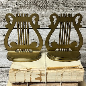 Vintage Brass Harp Musical Staff Bookends, Pair