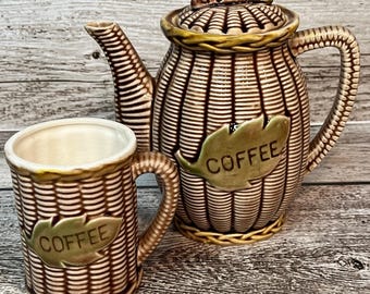 Vintage Ceramic “Wicker” Lidded Coffee Pot and Coffee Cup, Made by Tilso, Japan, 1960’s